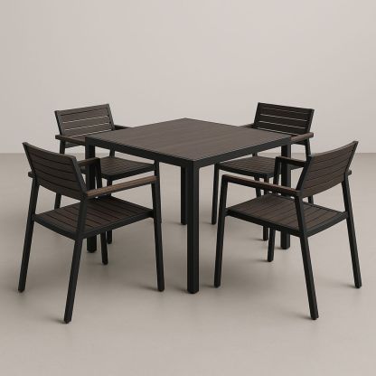 Set Tavolo Quadrato con 4 Sedie in Legno e Alluminio Marrone/Nero