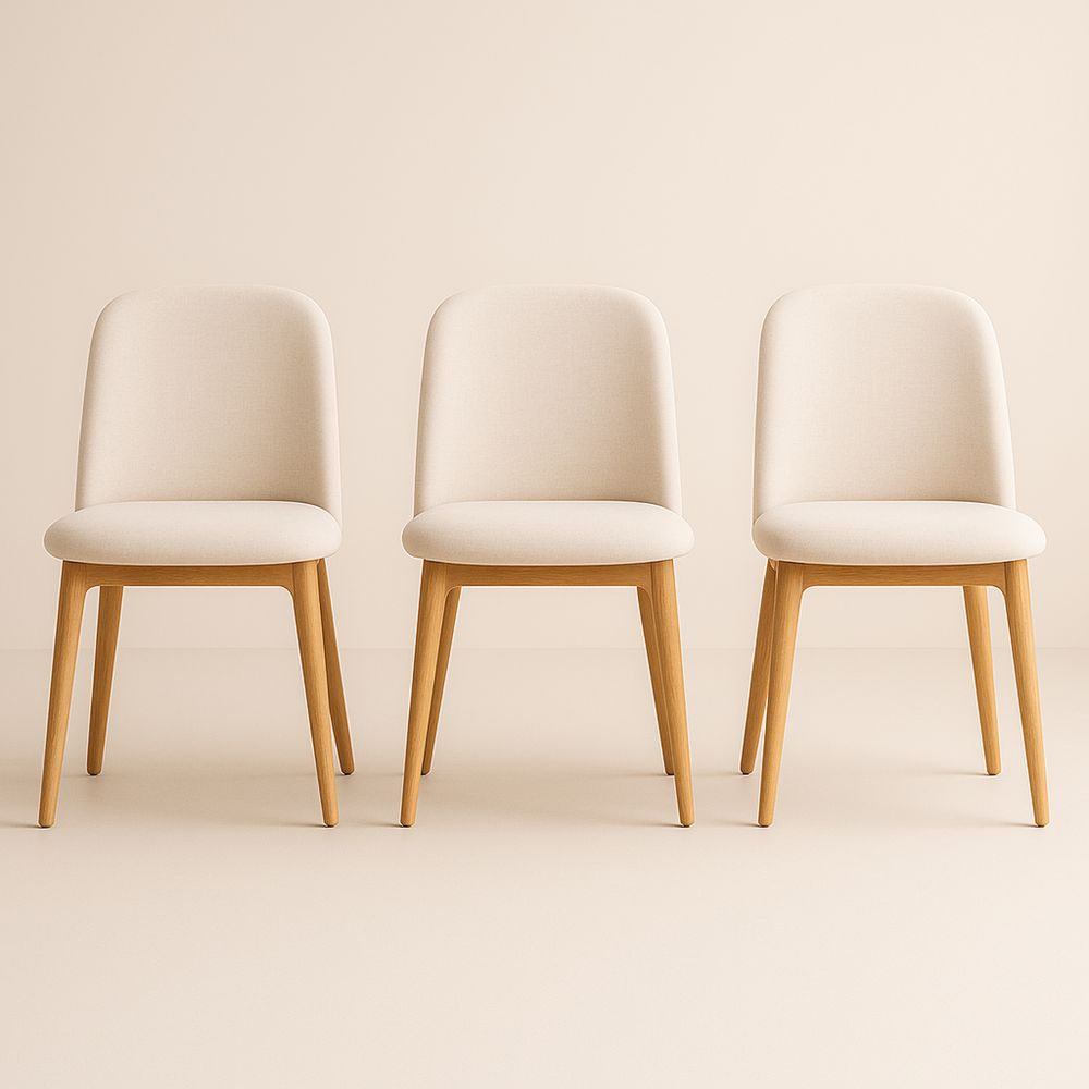 Set di 3 Sedie in Tessuto Beige con Gambe in Rovere