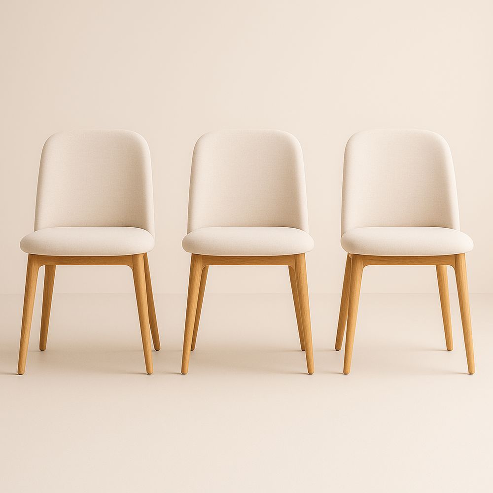Set di 3 Sedie in Tessuto Beige con Gambe in Rovere