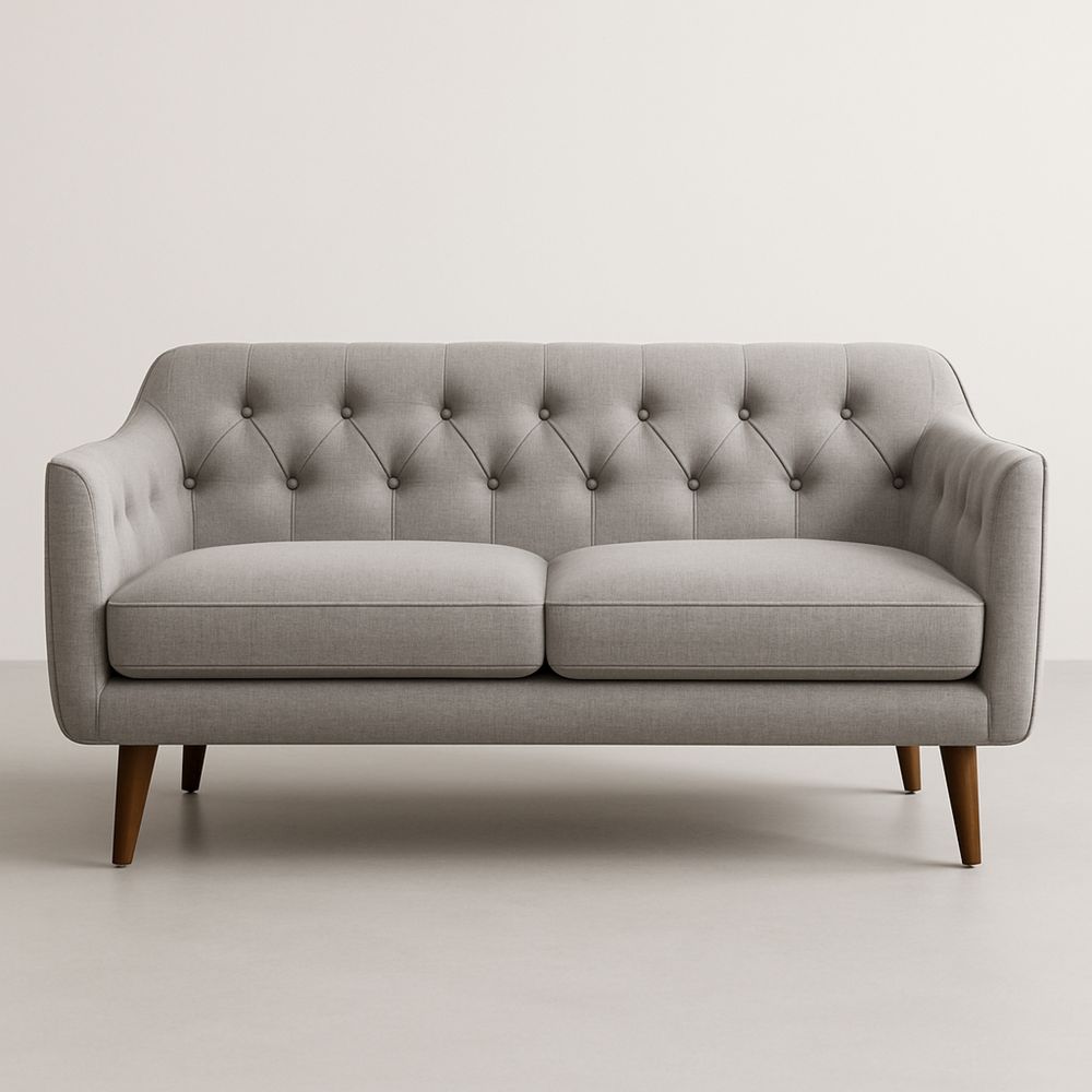 Divano a 2 posti in tessuto grigio con gambe in legno massello