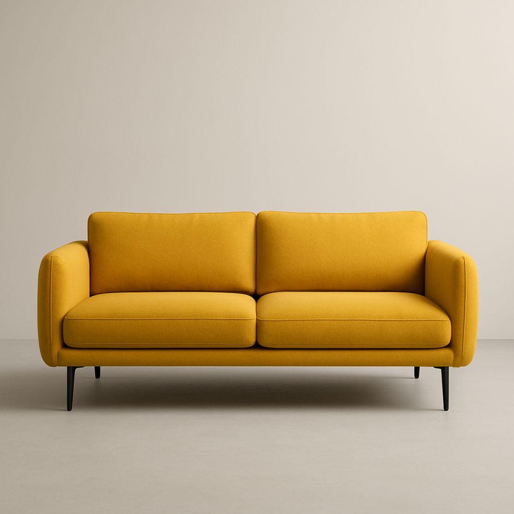 Divano a due posti in tessuto giallo con gambe in metallo