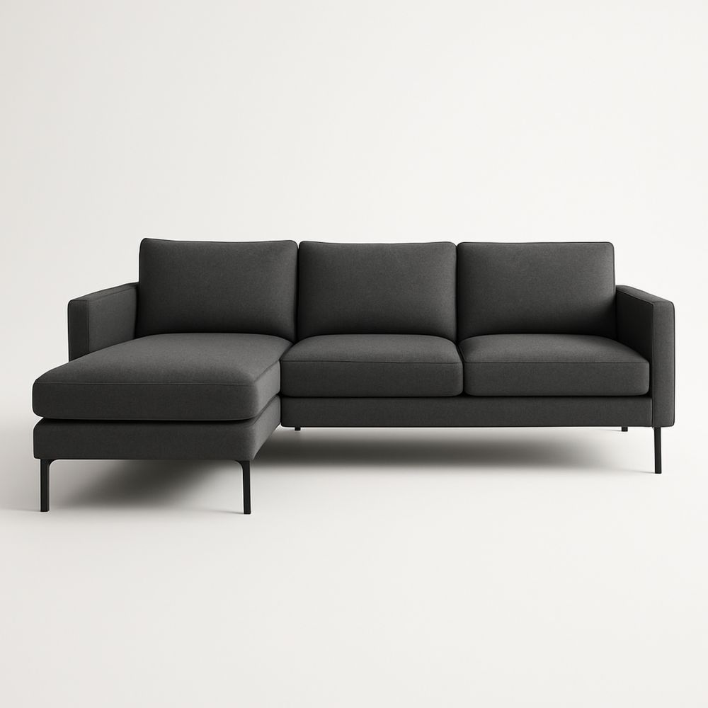 Divano angolare in tessuto grigio con gambe in metallo