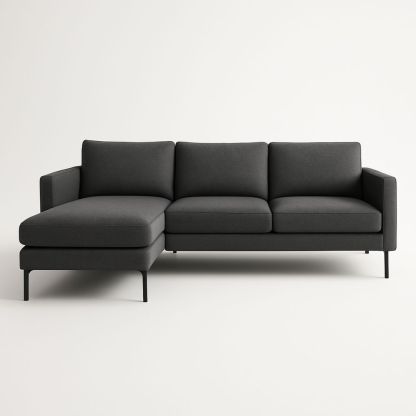 Divano angolare in tessuto grigio con gambe in metallo