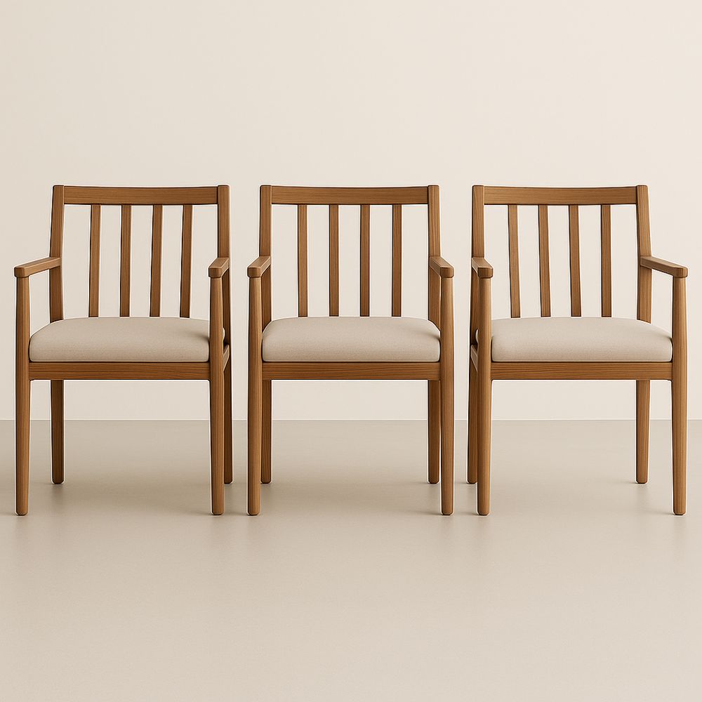 Set di 3 Sedie in Legno di Faggio con Seduta in Tessuto Beige