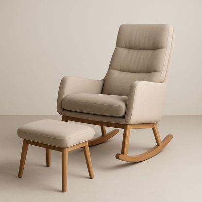 Poltrona a dondolo con poggiapiedi in tessuto beige e legno