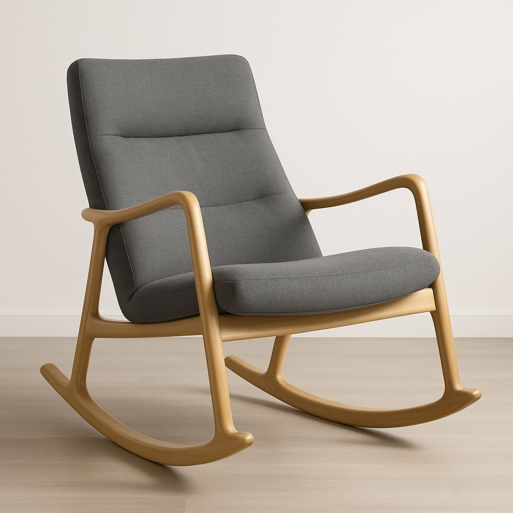 Sedia a Dondolo in Legno con Rivestimento in Tessuto Grigio