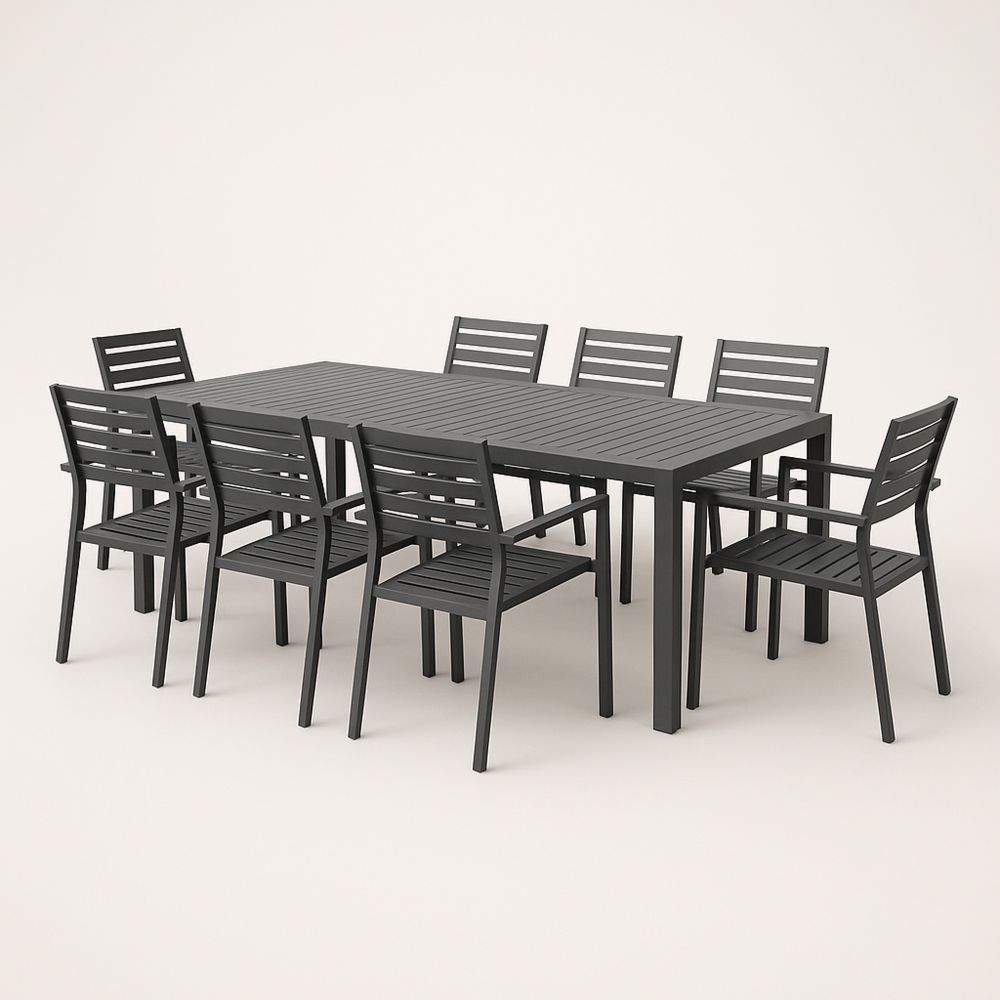 Set da pranzo in metallo nero con 8 sedie