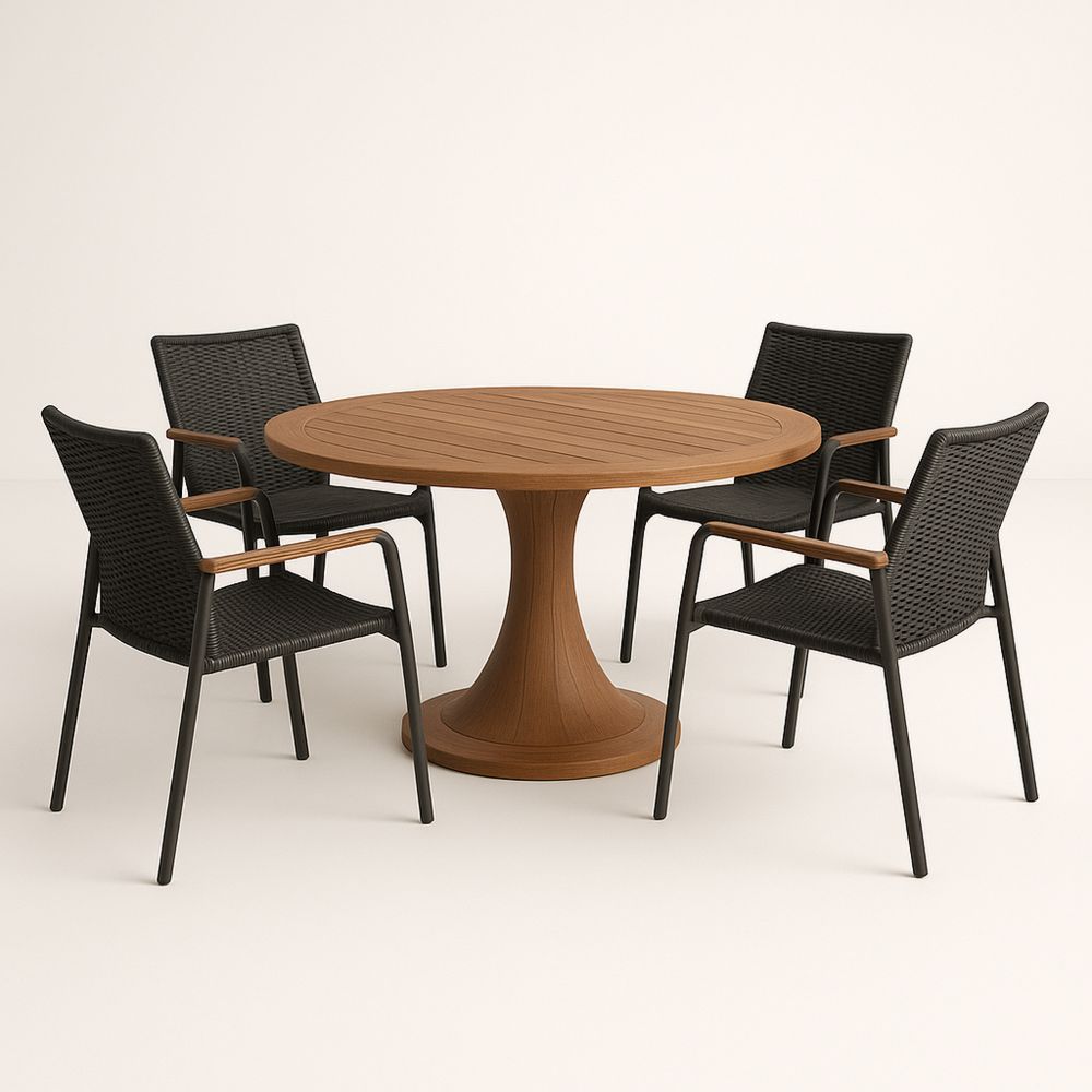 Set tavolo rotondo in legno con quattro sedie in alluminio e rattan, diametro 120 cm, marrone/Nero