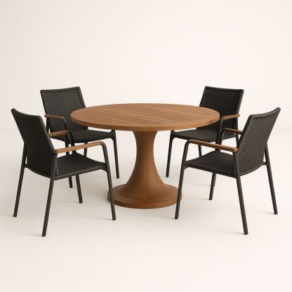 Set tavolo rotondo in legno con quattro sedie in alluminio e rattan, diametro 120 cm, marrone/Nero