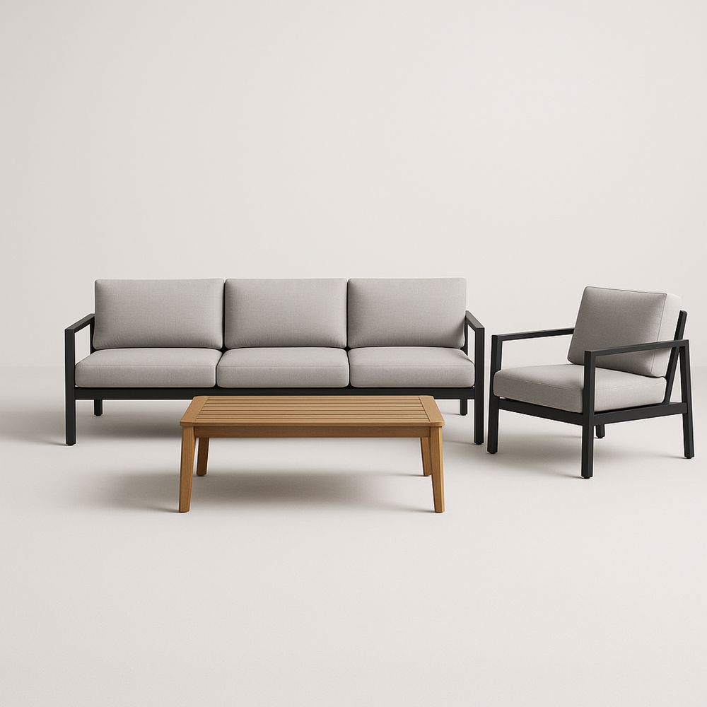 Set Divano e Poltrona da Esterno in Alluminio con Cuscini e Tavolino in Legno, Grigio/Nero