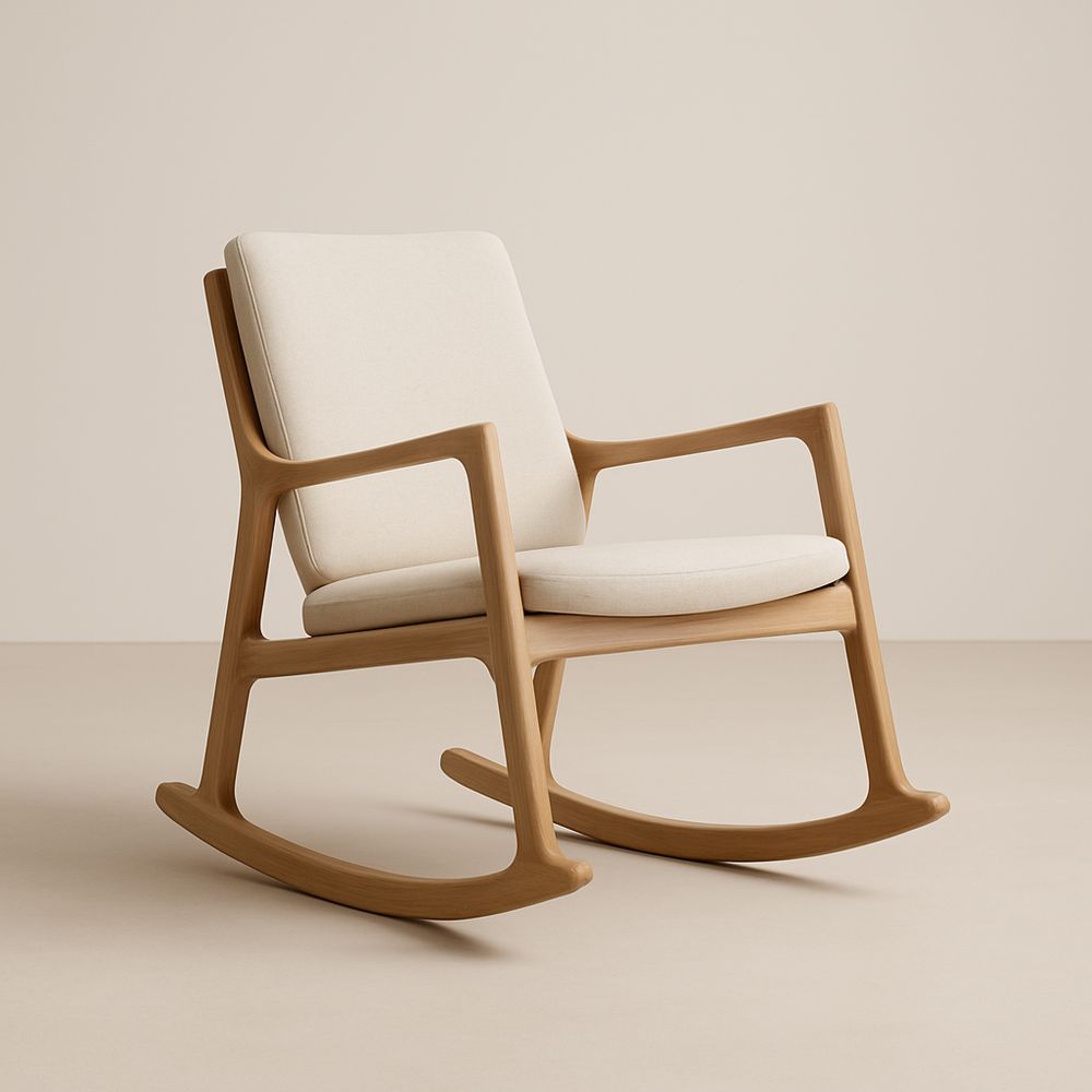 Sedia a Dondolo in Rovere e Tessuto Beige