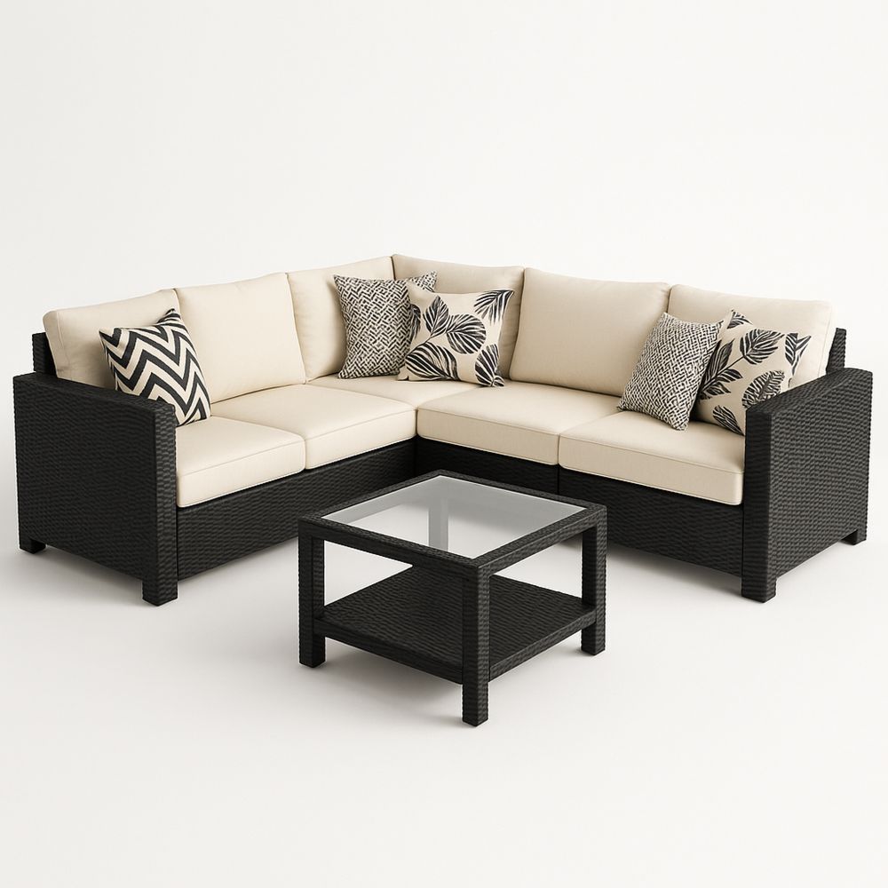 Divano angolare da esterno in Rattan con cuscini in tessuto e tavolino in Vetro