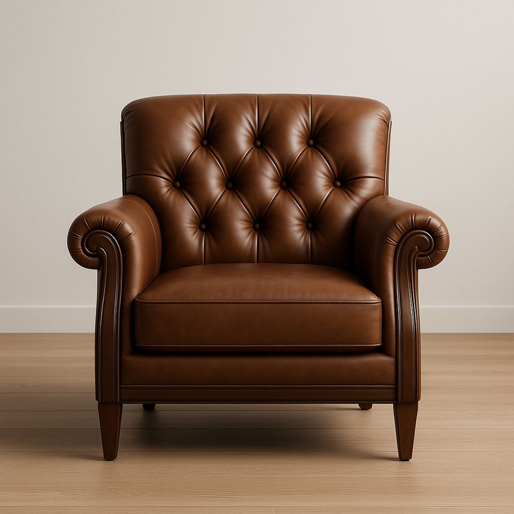 Poltrona in Pelle Marrone con Struttura in Legno Massello