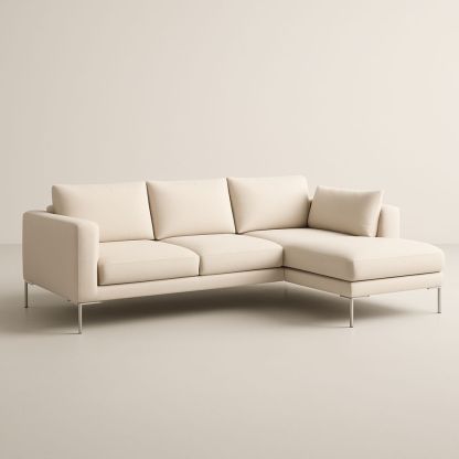 Divano angolare in tessuto beige con struttura in metallo