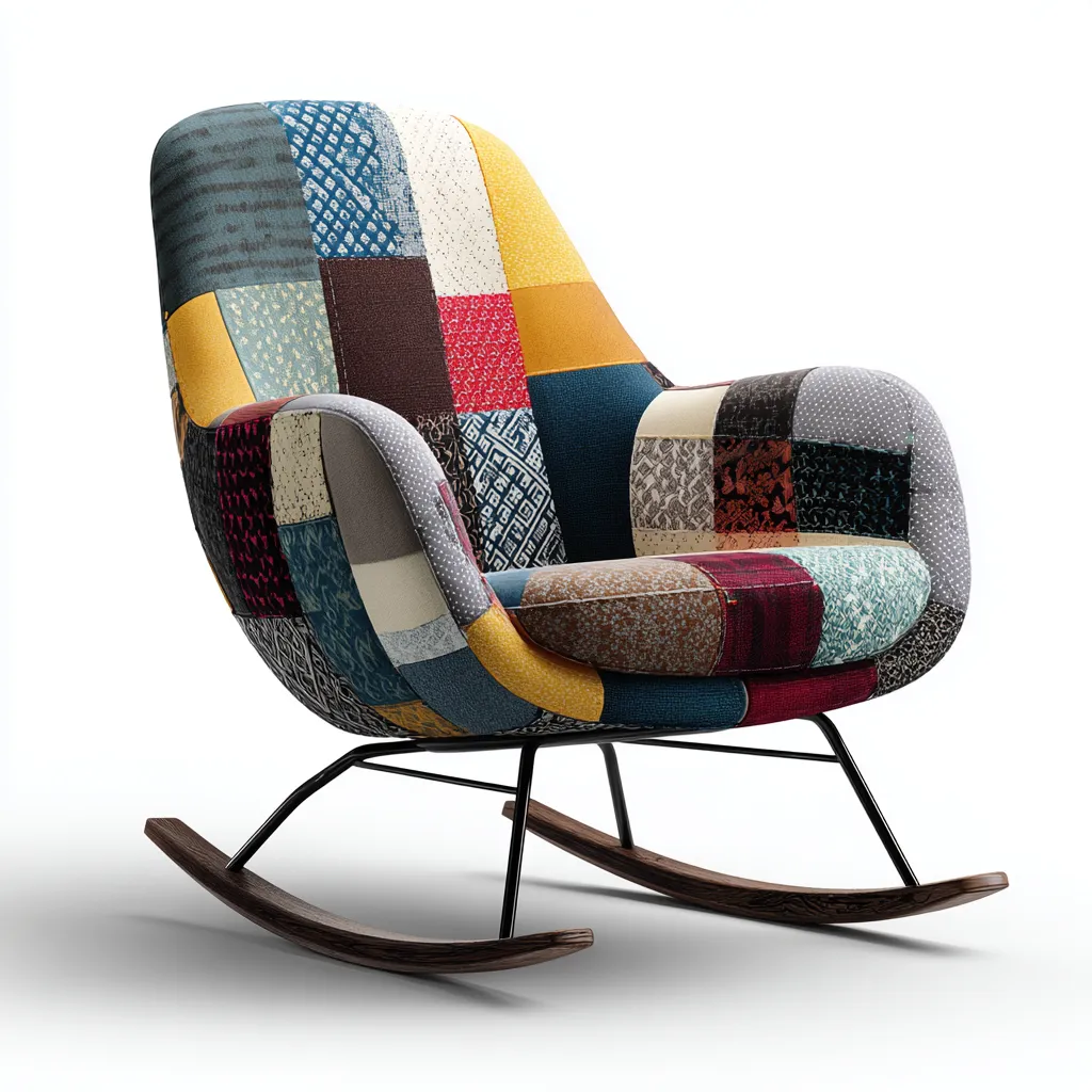 Fauteuil à bascule-tissu-métal-bois-96x82x104 cm-multicolore-design moderne-Airyara