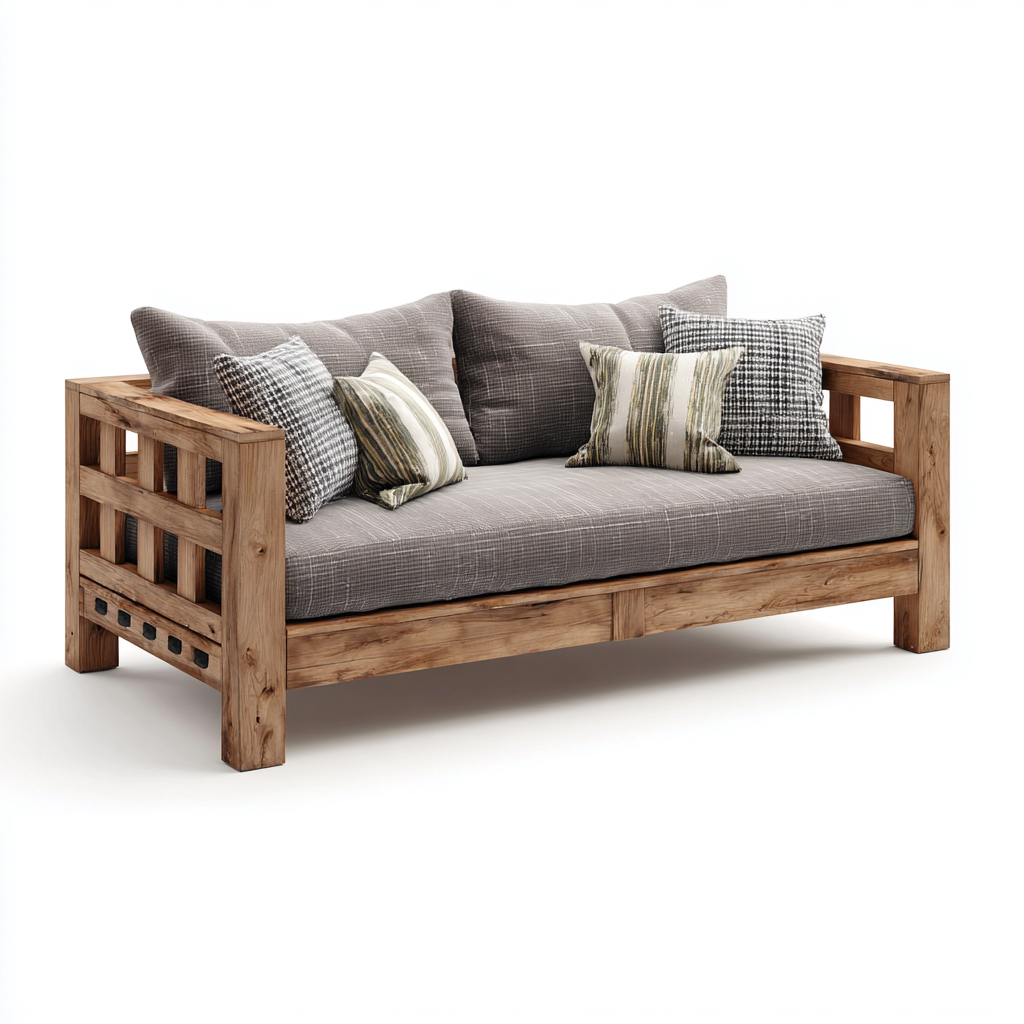 Canapé-lit - bois-tissu - 198x92x82 cm - bois naturel-gris - style rustique-Airyara