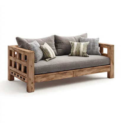 Canapé-lit - bois-tissu - 198x92x82 cm - bois naturel-gris - style rustique-Airyara