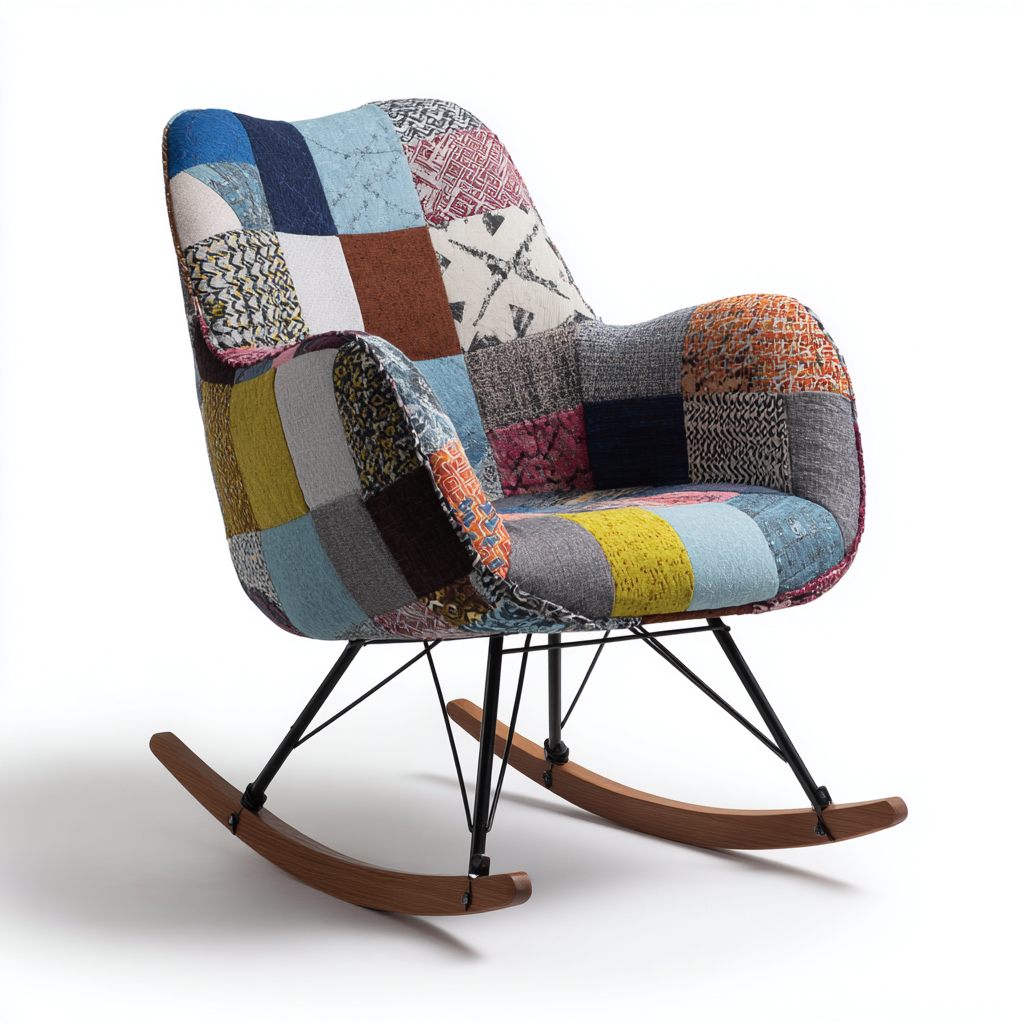Fauteuil à bascule-tissu-métal-bois-94x80x102 cm-multicolore-design moderne-Airyara