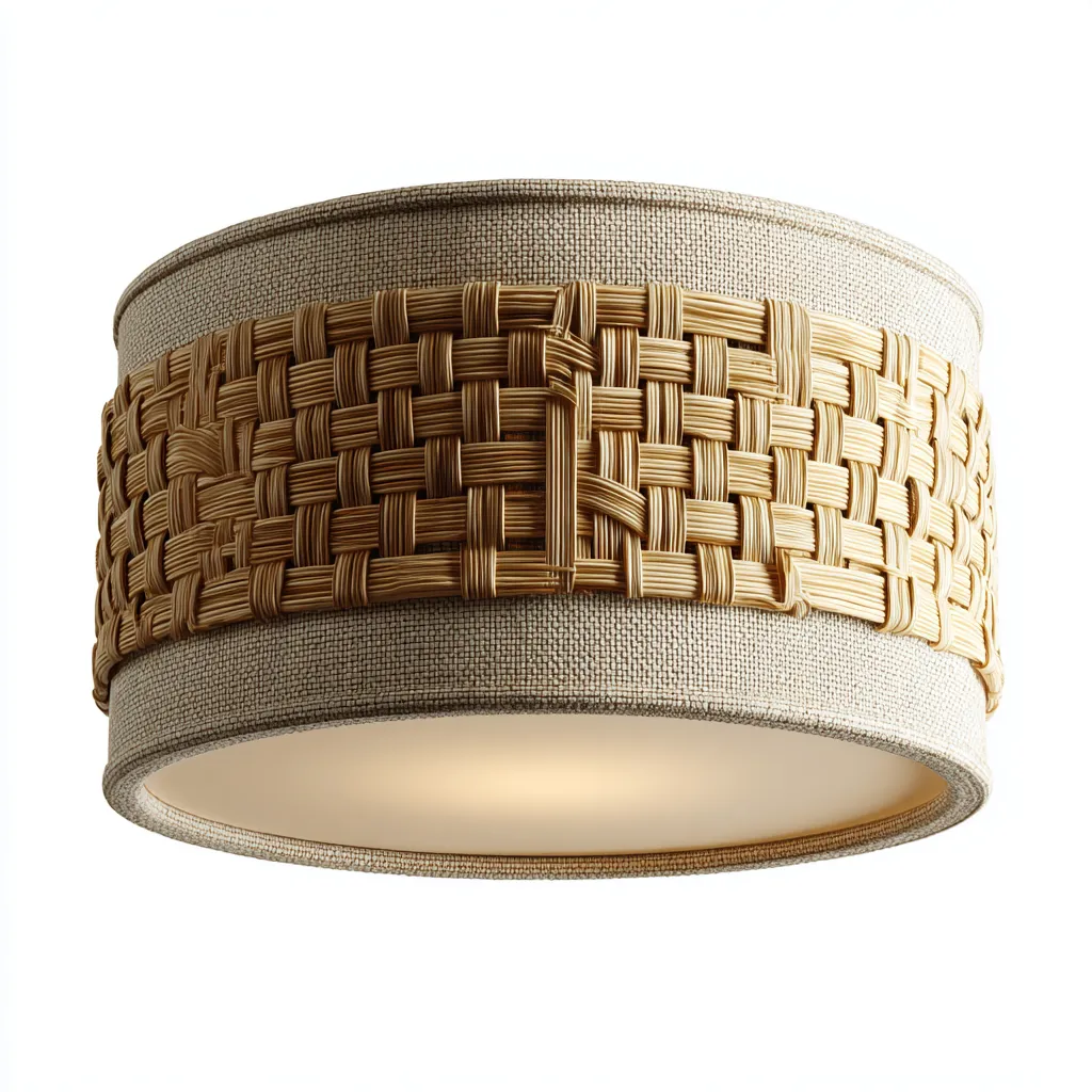 Plafonnier-Métal-Tissu-Rotan-48x48x22 cm-Beige-Style moderne-Airyara