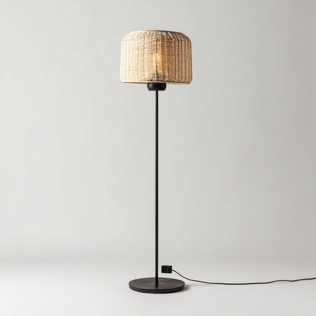 Lampadaire métal-rotin 37x24x163 cm - noir-beige - style moderne-Airyara