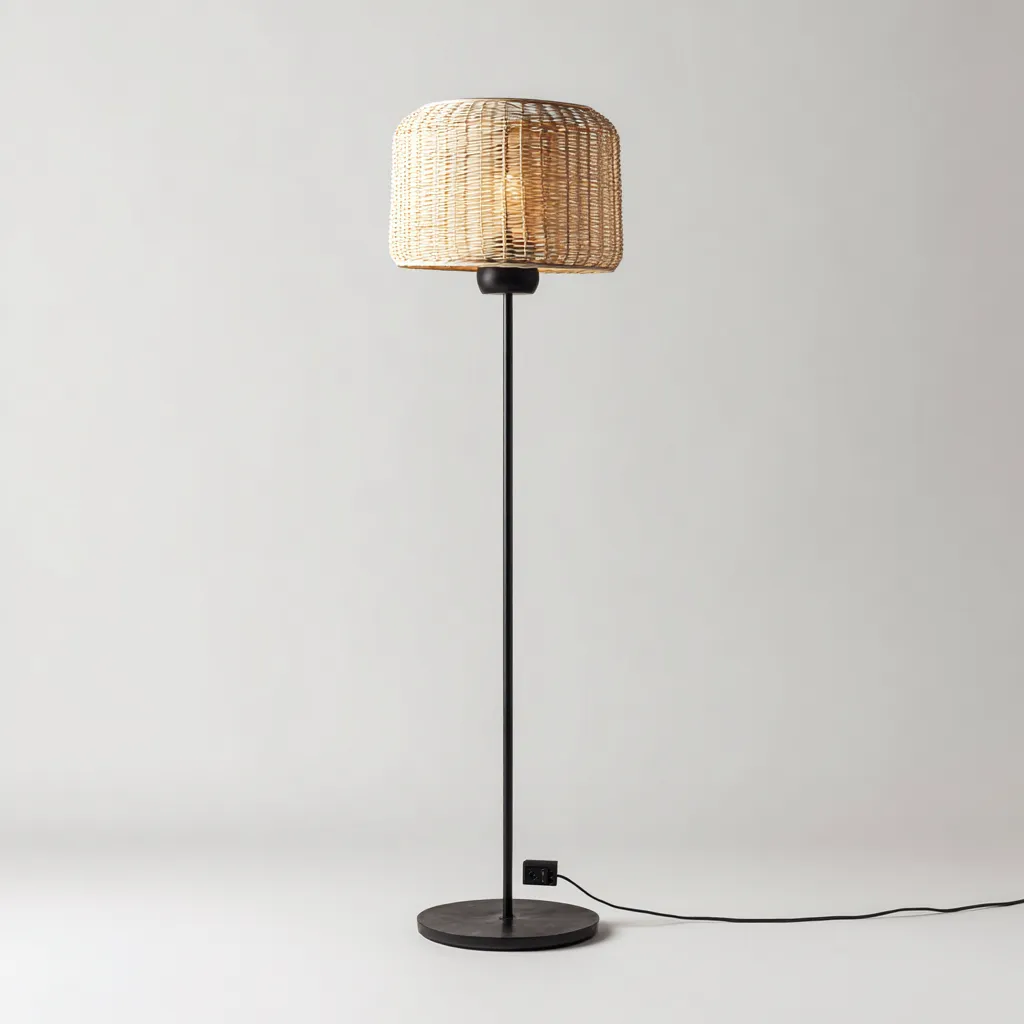 Lampadaire métal-rotin 37x24x163 cm - noir-beige - style moderne-Airyara