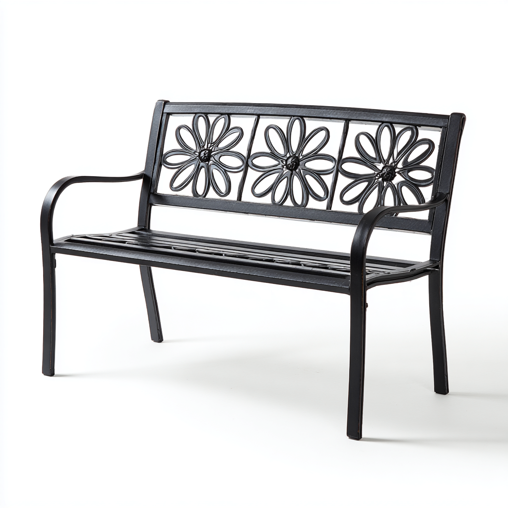 Banc de jardin-métal-114x53x82 cm-noir-dossier fleurs ajourées-Airyara