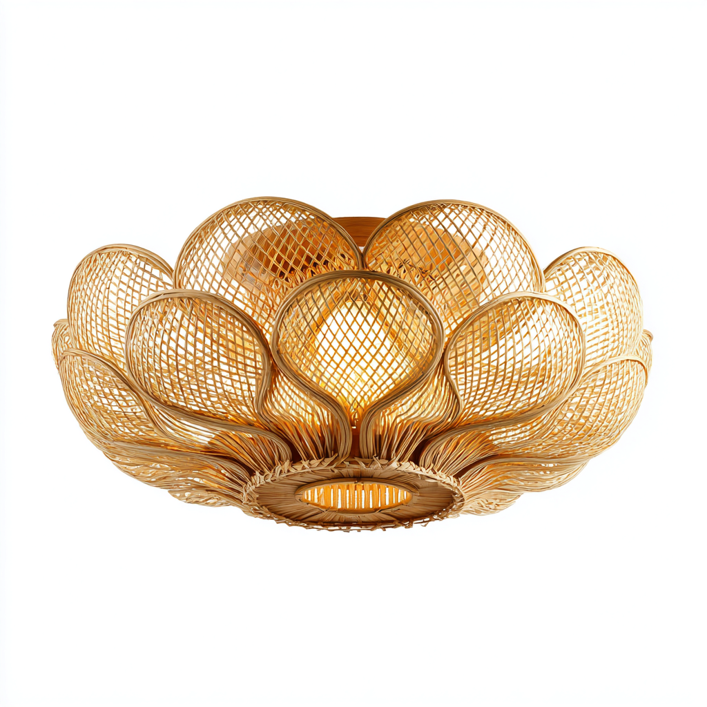 Plafonnier-bois-rotin-50x50x24 cm-beige-style naturel artistique-Airyara