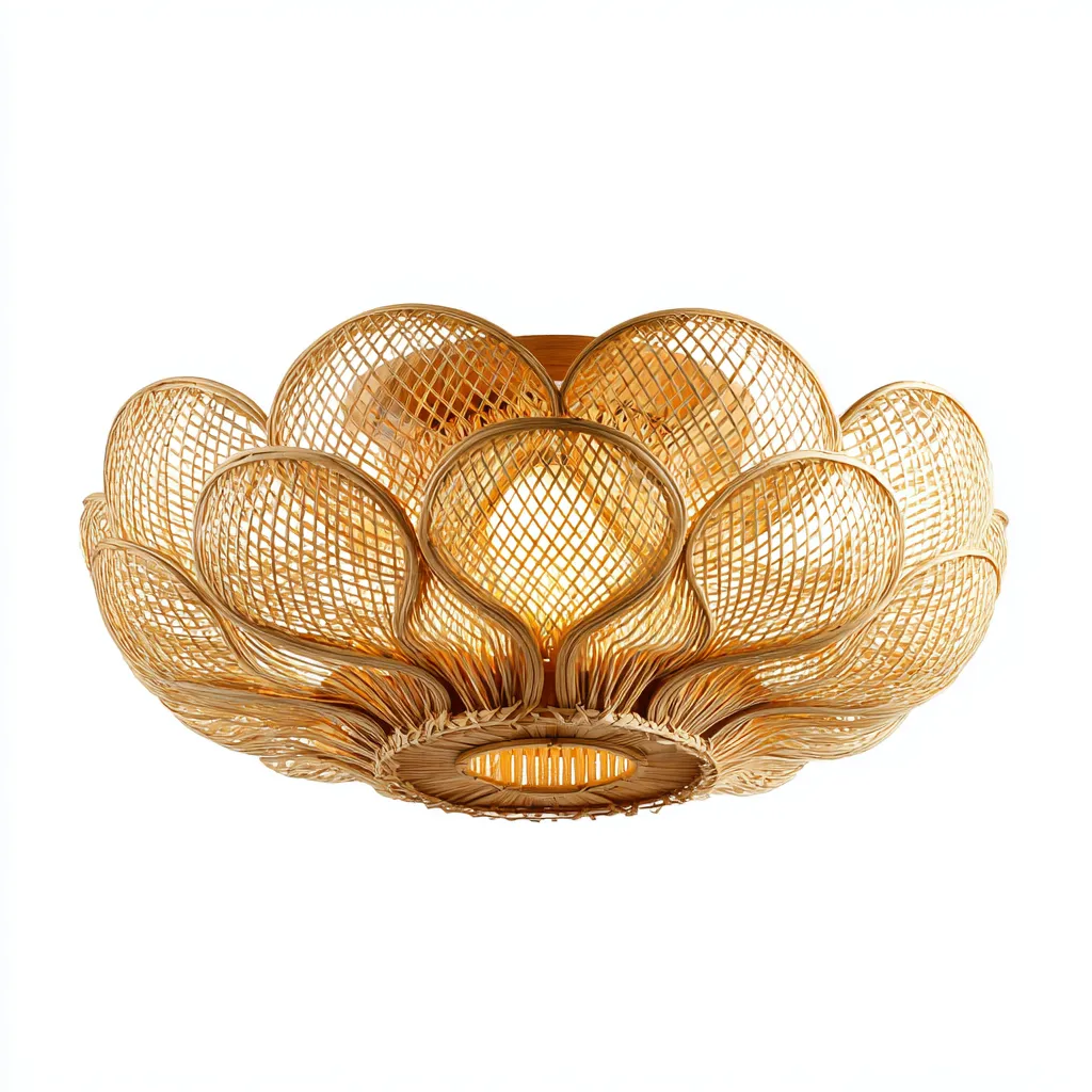 Plafonnier-bois-rotin-50x50x24 cm-beige-style naturel artistique-Airyara