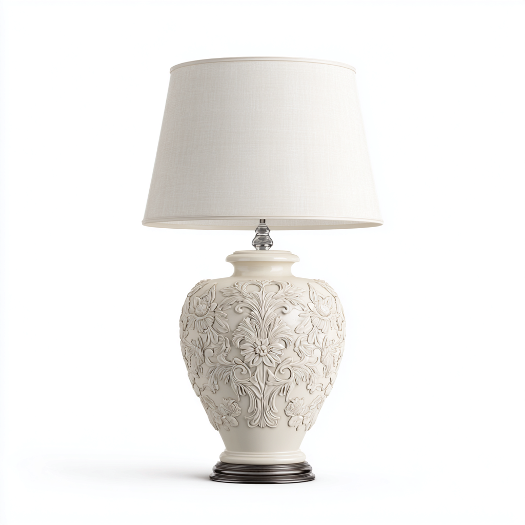 Lampe de table-Céramique-Tissu-Métal-28x28x55 cm-Ivoire-Ivoire-Design classique-Airyara