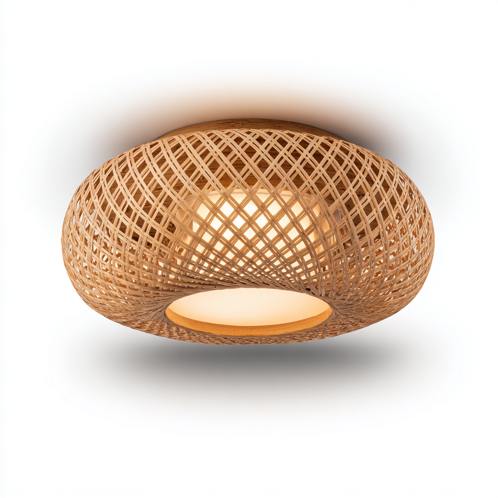 Plafonnier-bois-rotin-42x42x19 cm-beige-style naturel artisanal-Airyara