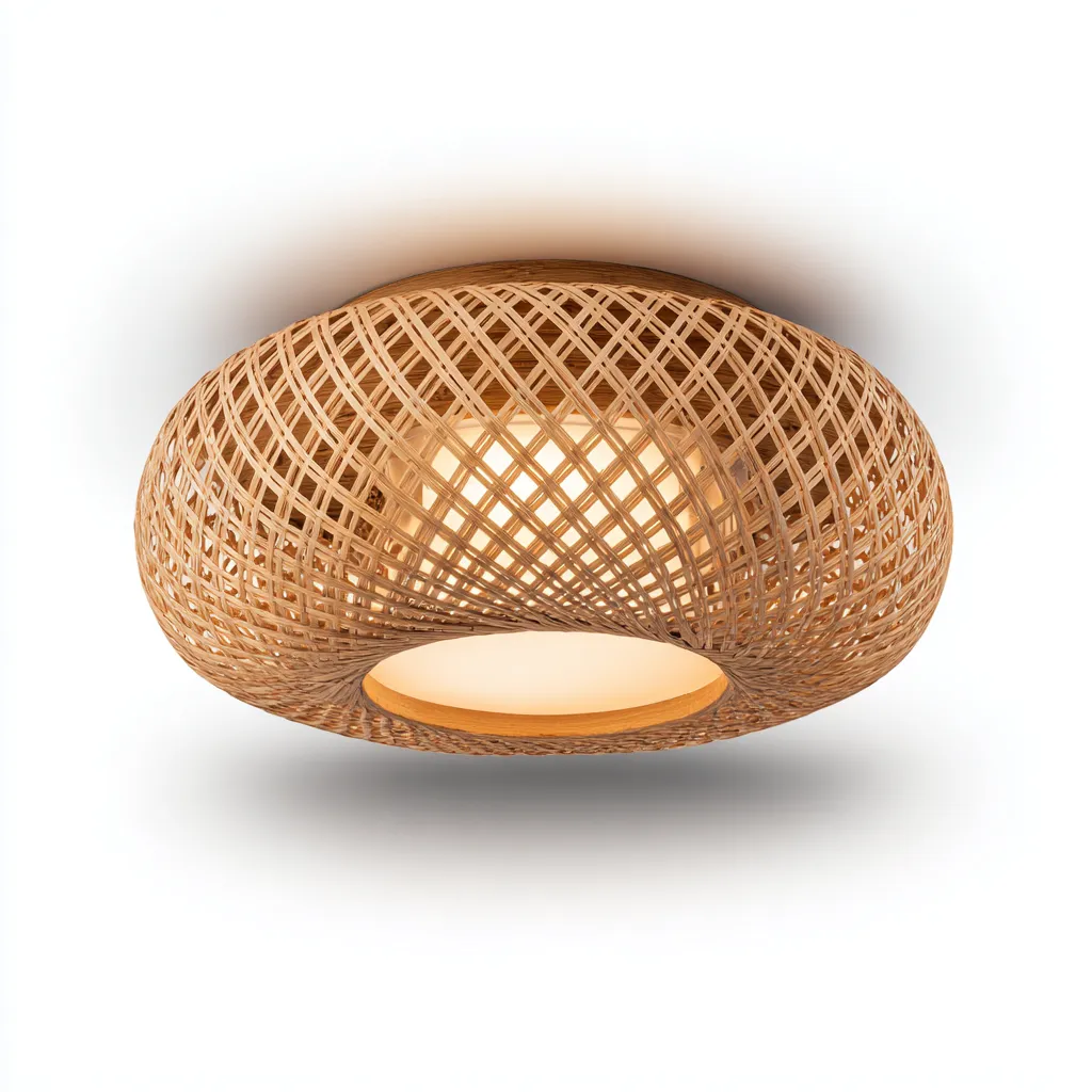 Plafonnier-bois-rotin-42x42x19 cm-beige-style naturel artisanal-Airyara