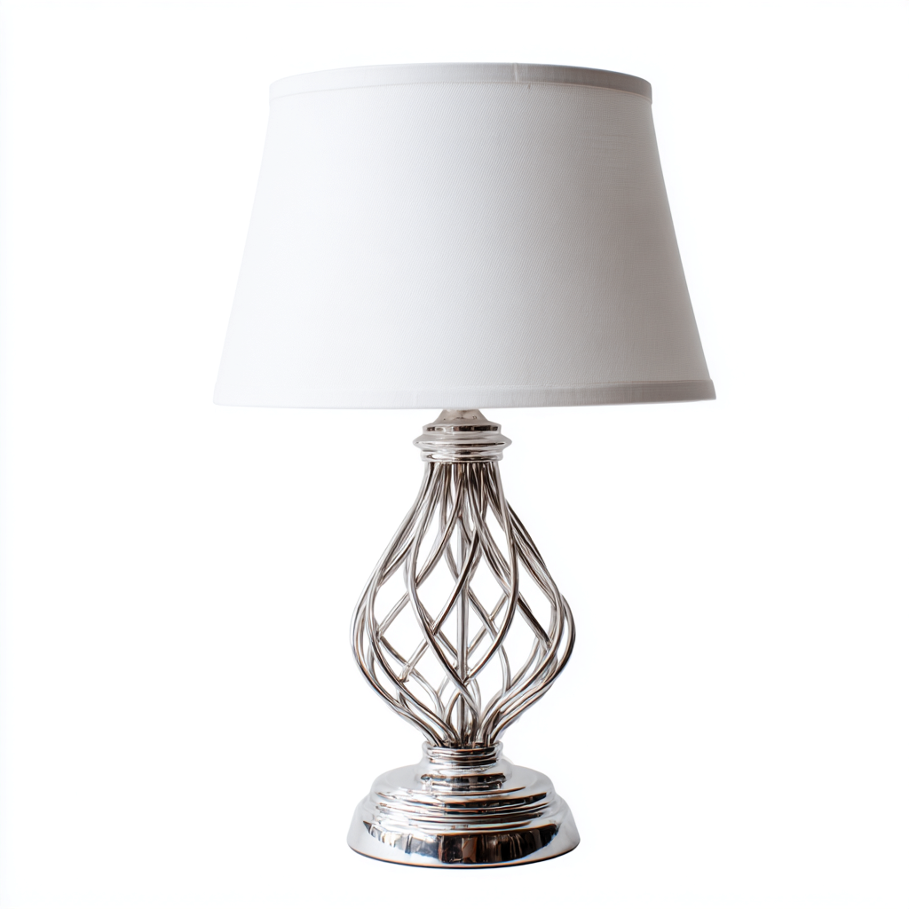 Lampe de table-Métal-Tissu-25x25x Fifty cm-Argent-Blanc-Design moderne-Airyara