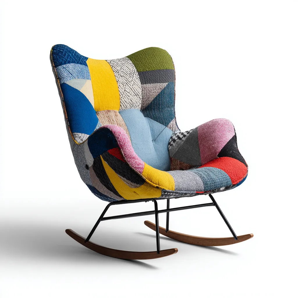 Fauteuil à bascule-tissu-métal-bois-90x77x102 cm-multicolore-design moderne-Airyara