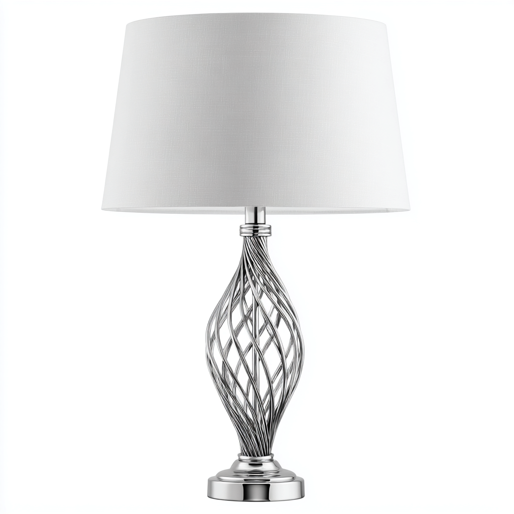 Lampe de table-Métal-Tissu-27x27x57 cm-Argent-Blanc-Design moderne-Airyara