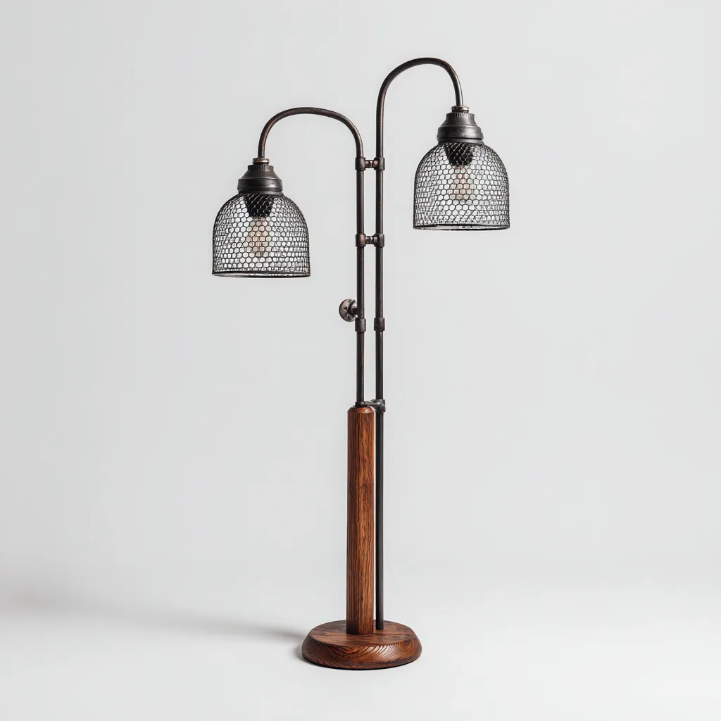 Lampadaire métal-bois 37x23x160 cm - noir-bois - style industriel-Airyara