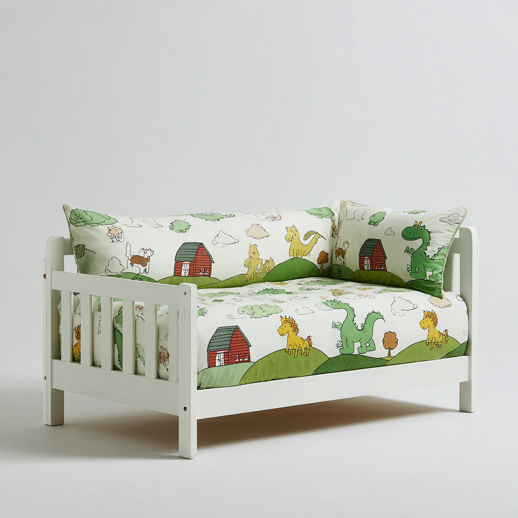 Lit enfant-tissu-bois-140x70x82 cm-blanc-vert-style moderne-Airyara