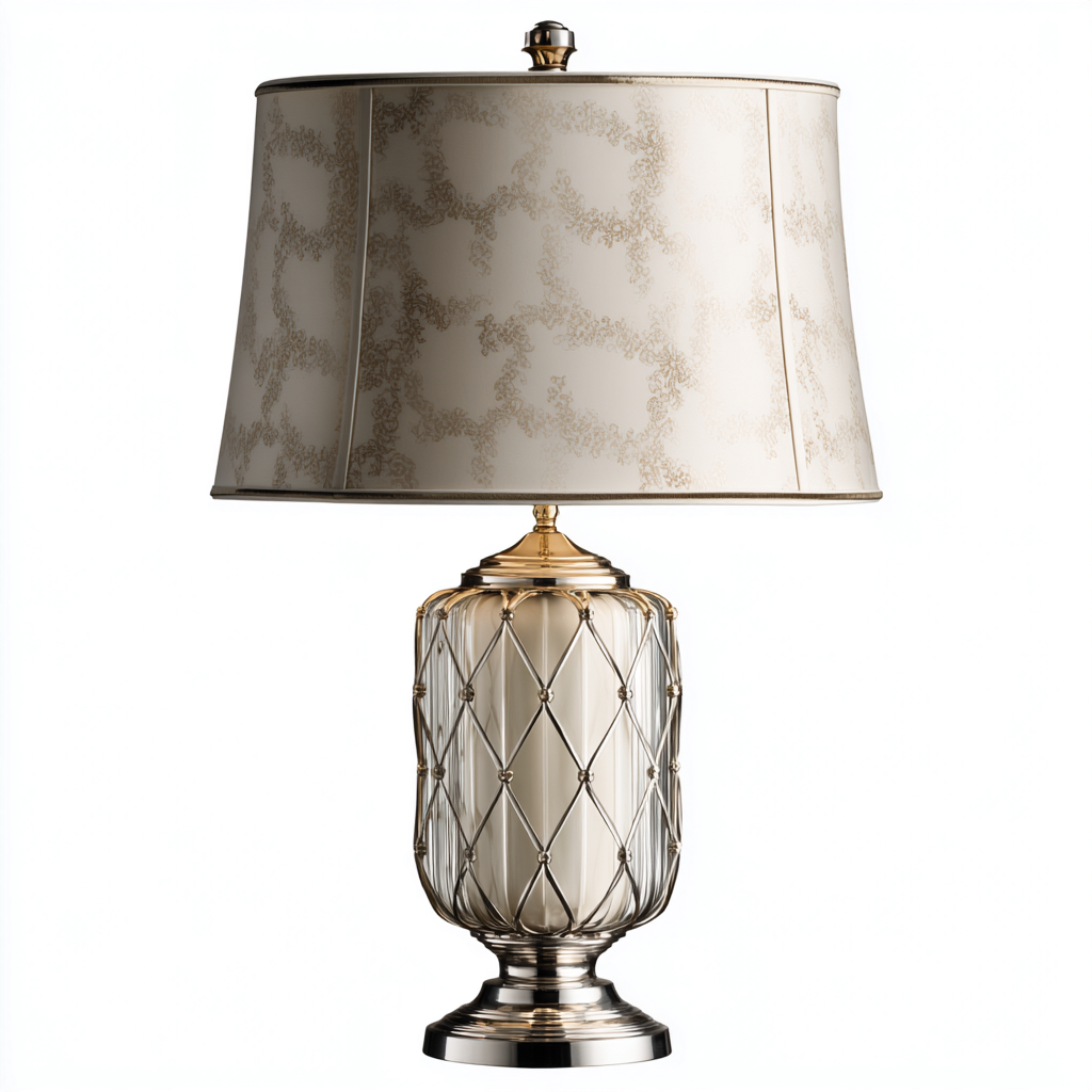 Lampe de table-Métal-Verre-Tissu-30x30x58 cm-Or-Argent-Ivoire-Style classique-Airyara