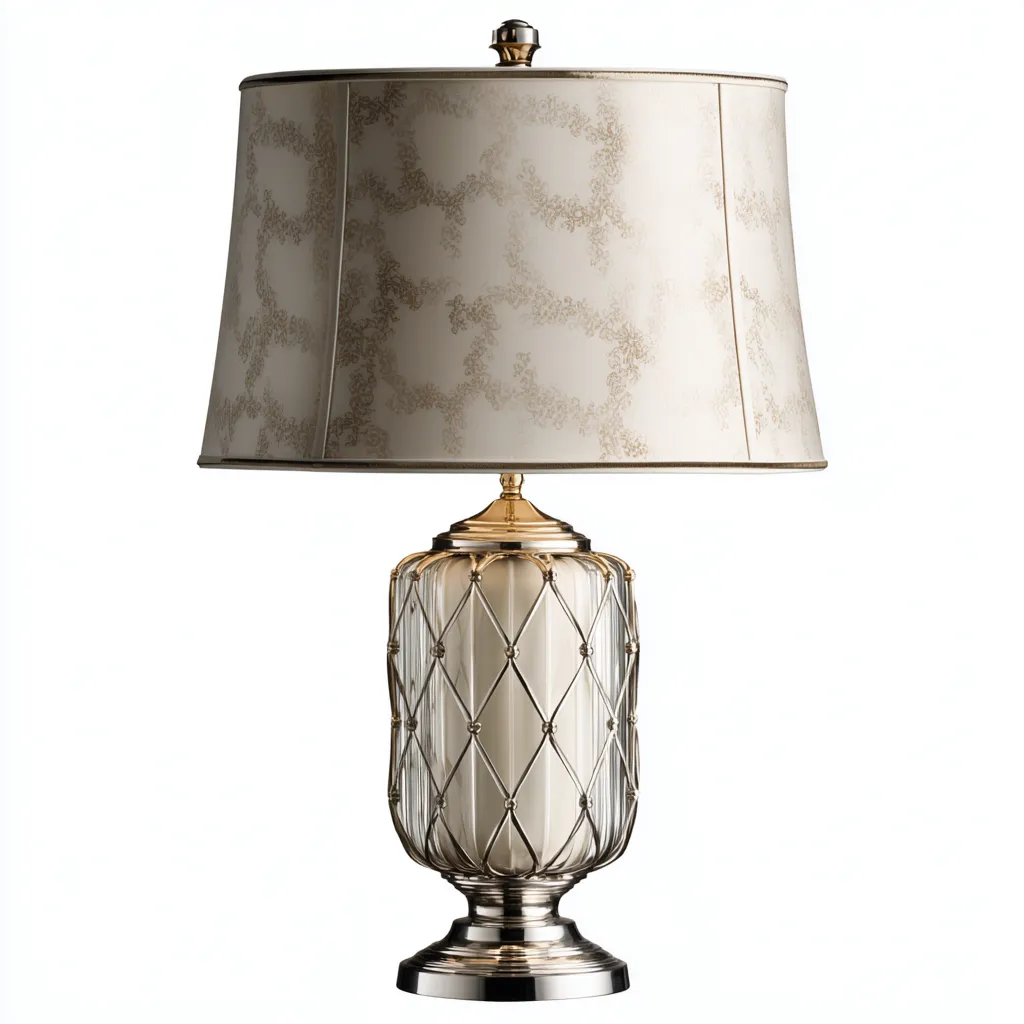 Lampe de table-Métal-Verre-Tissu-30x30x58 cm-Or-Argent-Ivoire-Style classique-Airyara