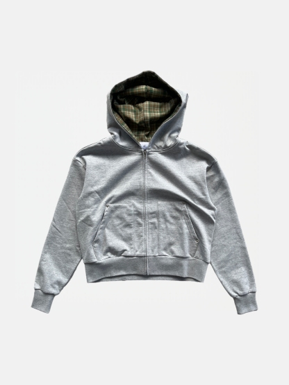 LAZY PLAID‑LINED ZIP UP HOODIE