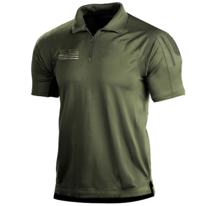 Men's Outdoor American Flag Tactical Zip Polo Collar T-Shirt