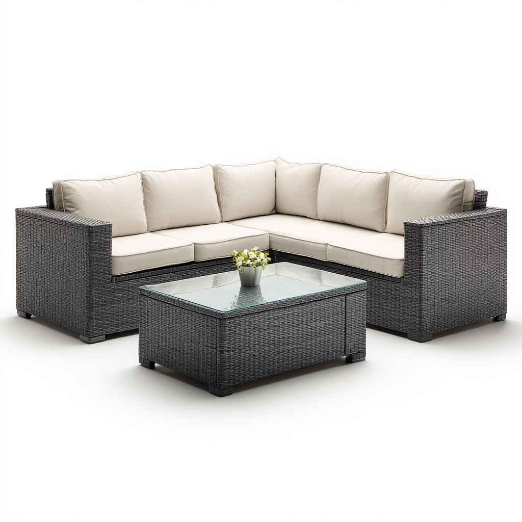 Canapé de jardin - rotin synthétique et coussins - 185x185x75 cm - gris - usage extérieur - style moderne-Placidovae