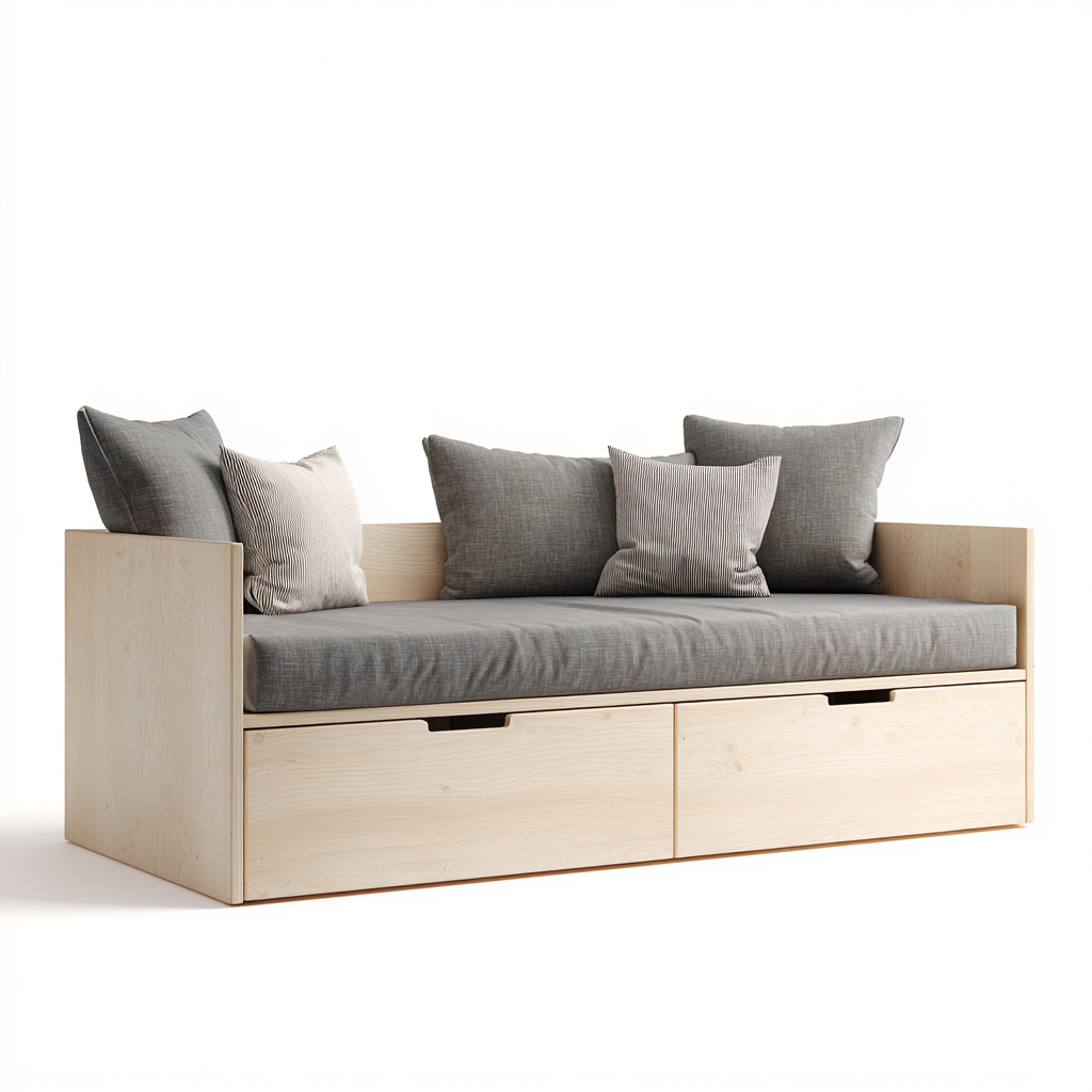 Canapé-lit bois 198x89x84 cm bois clair - gris pour chambre - design nordique avec tiroirs de rangement-Placidovae