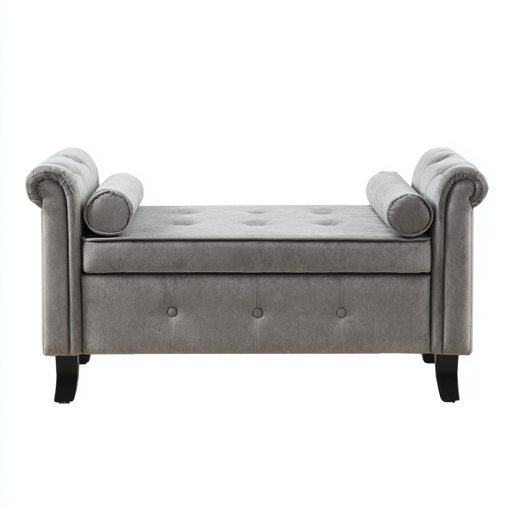 Banc de lit - velours - 115x45x55 cm - gris - noir - pour chambre - style classique-Placidovae