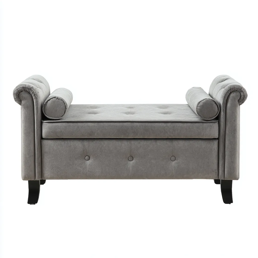 Banc de lit - velours - 115x45x55 cm - gris - noir - pour chambre - style classique-Placidovae