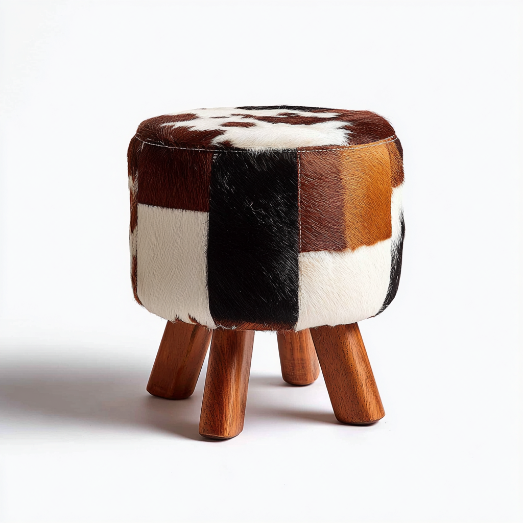 Pouf fourrure synthetique - pieds en bois 34x34x39 cm multicolore - bois - style rustique nordique - adapte au salon-Placidovae