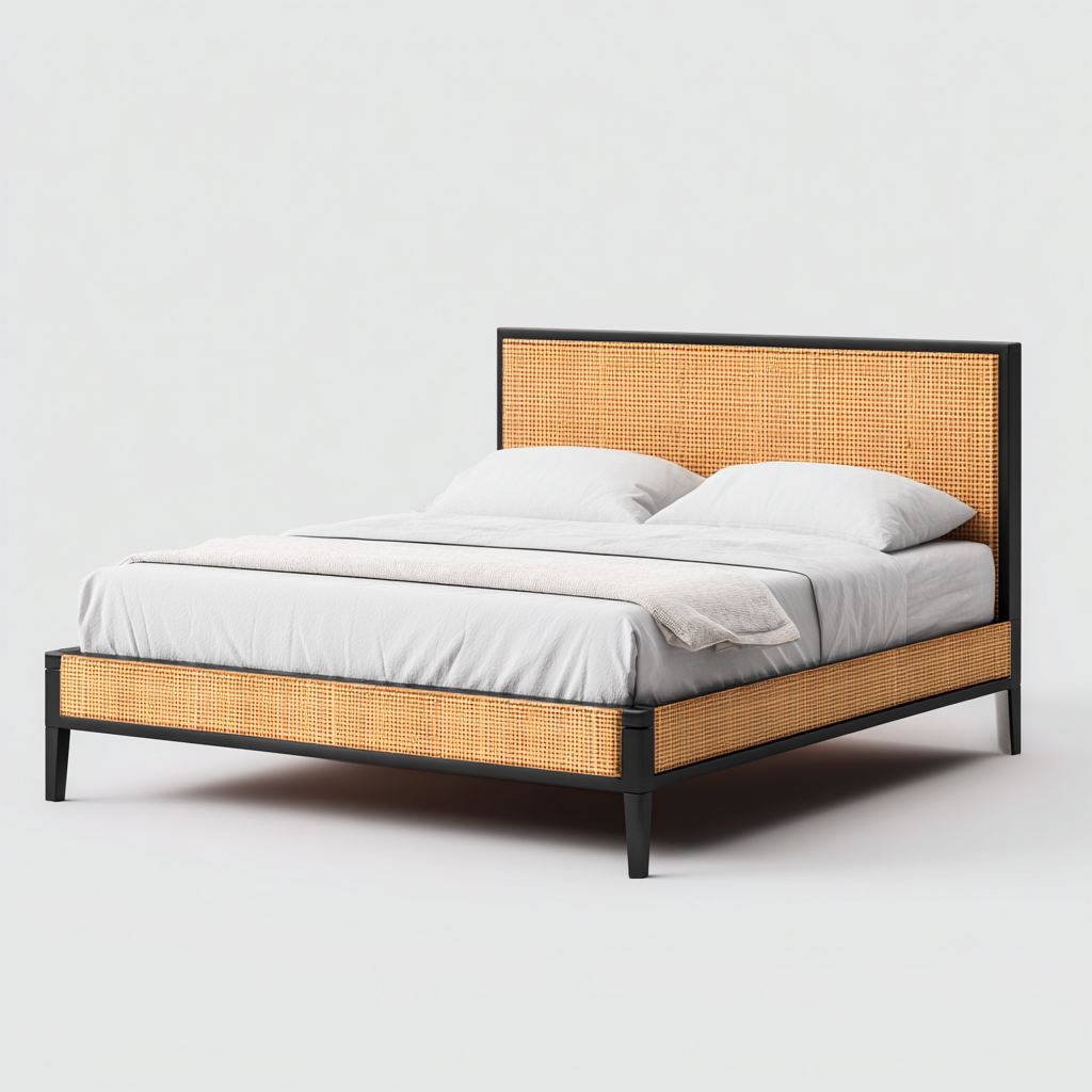 Lit double rotin et bois 200x180x110 cm - bois naturel - noir - blanc - adapté à la chambre - design moderne-Placidovae