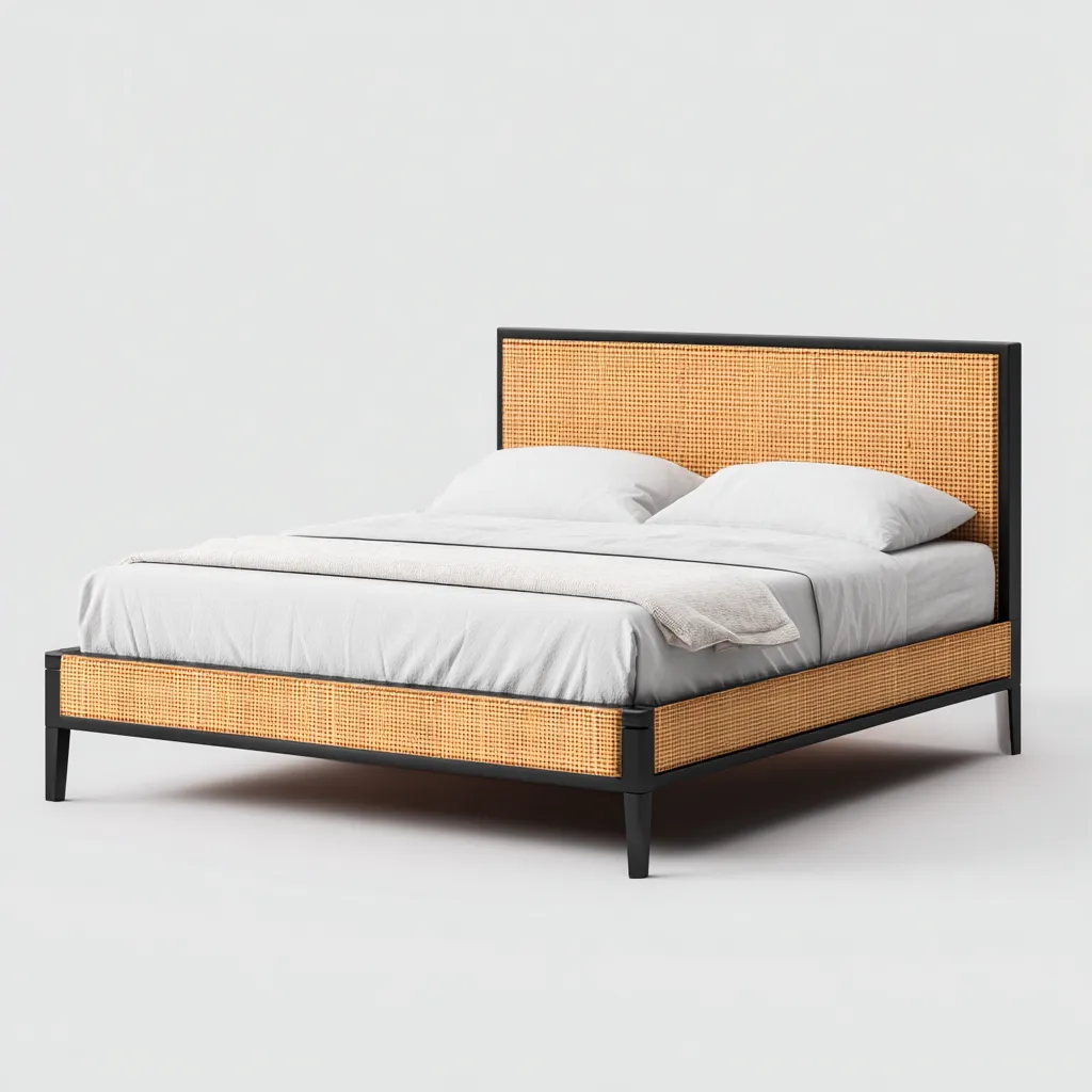 Lit double rotin et bois 200x180x110 cm - bois naturel - noir - blanc - adapté à la chambre - design moderne-Placidovae