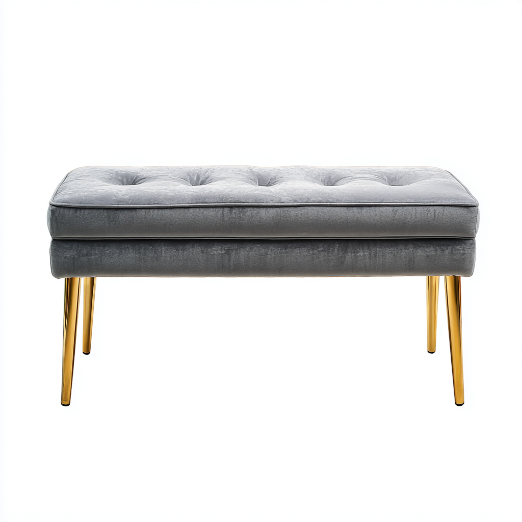 Banc de lit velours 100x40x48 cm gris avec pieds métal or - style moderne pour chambre-Placidovae