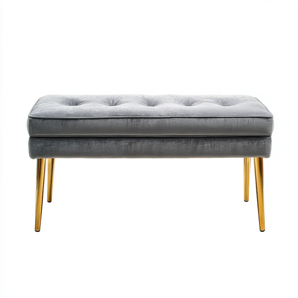 Banc de lit velours 100x40x48 cm gris avec pieds métal or - style moderne pour chambre-Placidovae