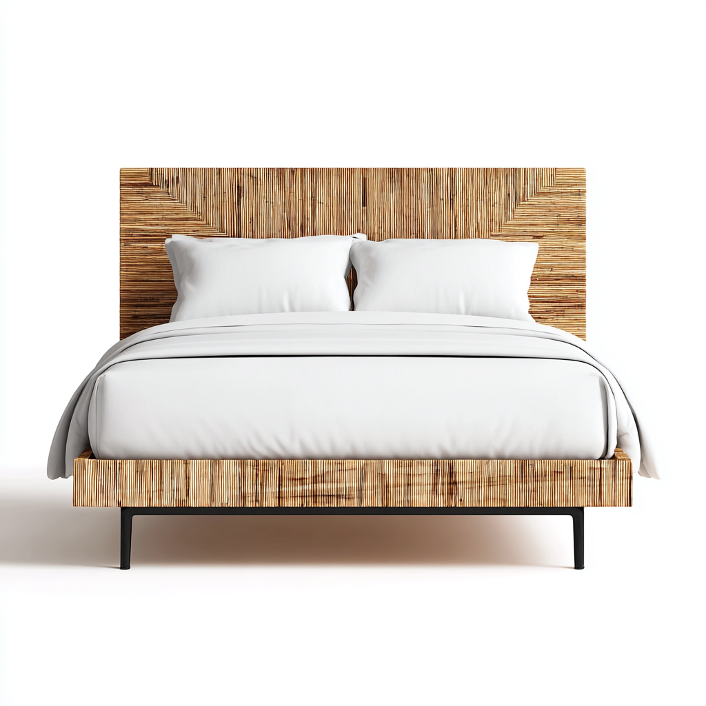 Lit double rotin et bois 200x180x110 cm - bois naturel - blanc - adapté à la chambre - design moderne-Placidovae